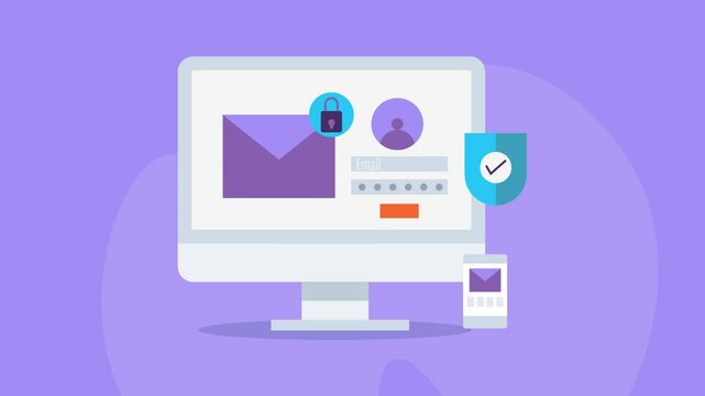 User account login, two factor authentication and strong password, data safety privacy, email security conceptual video animation.