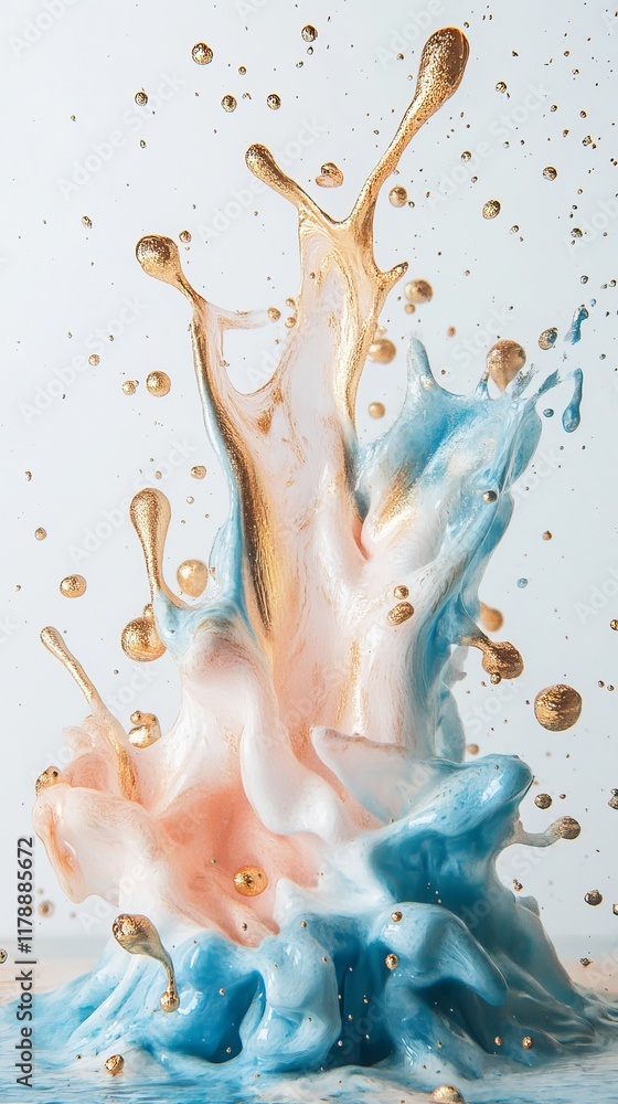 Poster dynamic splash of pastel and gold paint, capturing motion and color in abstract art on a light backg