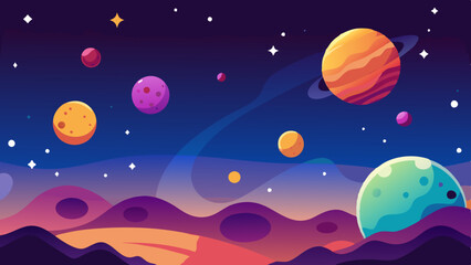 Bright and colorful planets with stars scattered across a cosmic space scene.
