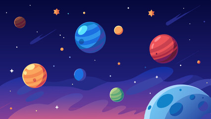 Vibrant planets and glowing stars in deep space with nebula clouds.
