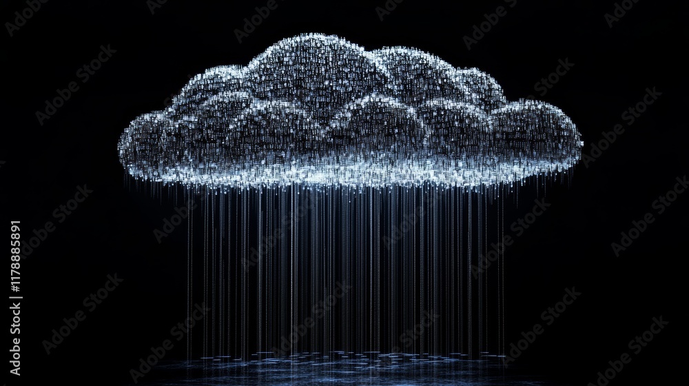 Poster an abstract digital depiction of a cloud formation with a realistic rain effect, rendered in luminou