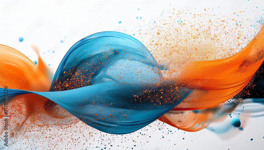 Poster a vibrant abstract image showcasing flowing waves of blue and orange hues, with sparkling particles 
