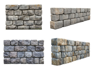 A collection of different stone wall textures in various angles, isolated on transparent or white background