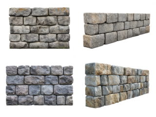 A collection of different stone wall textures in various angles, isolated on transparent or white background