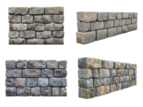 A collection of different stone wall textures in various angles, isolated on transparent or white background