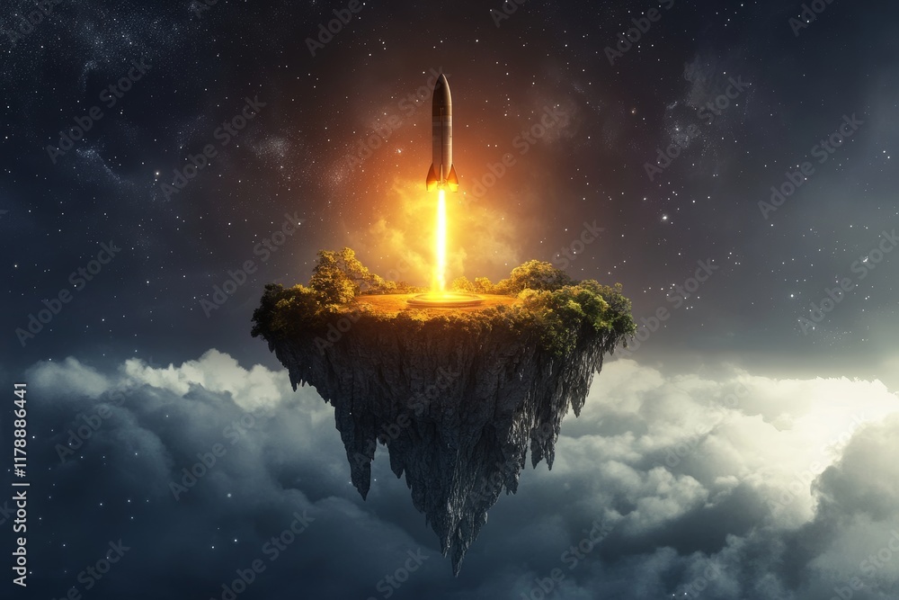 Poster floating island with rocket launchpad under a starry sky
