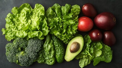 Obraz premium Fresh vegetables and fruits on dark background; healthy eating concept; food blog, recipe, or cookbook.