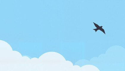 Fototapeta premium Minimalistic illustration of a bird flying against a blue sky with clouds