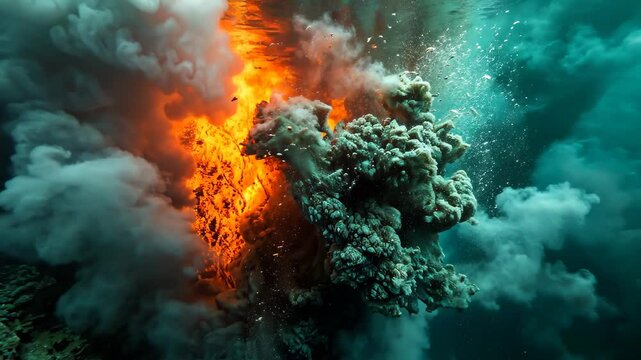 Aerial View of an Oceanic Volcano, Underwater volcanic eruptions, casting an eerie, fiery glow onto the surrounding lifeforms