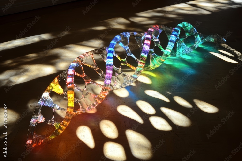 Poster colorful light reflections create a stunning display on a dna helix sculpture, casting intricate sha