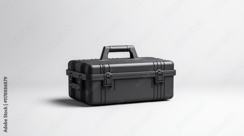 Poster black sturdy toolbox with handle and secure latches for tools and equipment storage