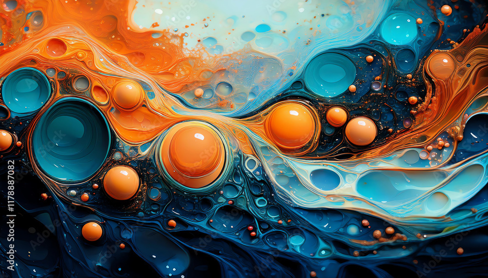 Poster a vibrant abstract artwork featuring swirling patterns in blue and orange, with bubbles and fluid sh