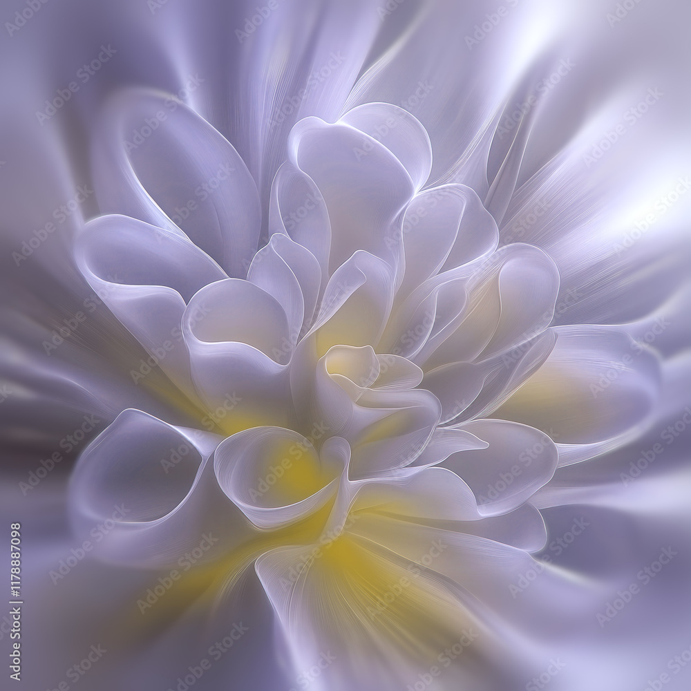 Poster abstract image of a white-purple flower with translucent petals and yellow glow in the center, givin