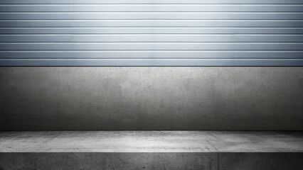 Blue wall with white shelf. Abstract pattern of a wall with cement and horizontal ribbed lines