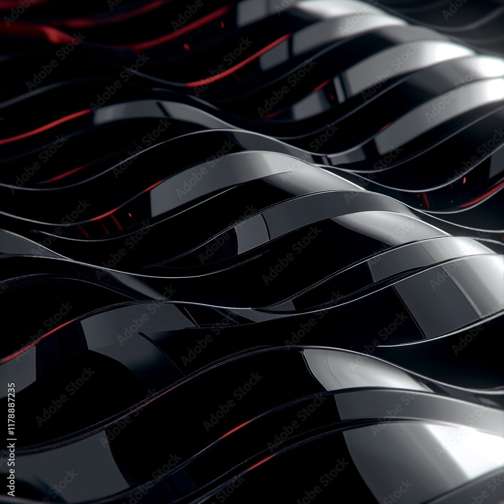 Poster Illustration of abstract glossy waves in a black color scheme with shadows. The thin red lines between the waves give the image a sense of rhythm and mystery