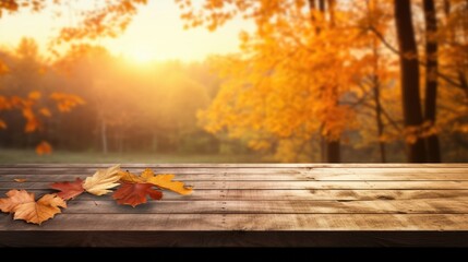 Vibrant Autumn Scene Featuring Wooden Table Surrounded by Colorful Orange Leaves Under a Warm Sunset Glow