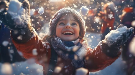 A child joyfully catching snowflakes with a huge smile, surrounded by friends playing in the snow.