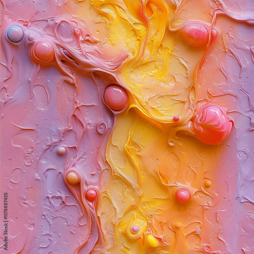 Poster illustration with flowing, undulating shapes in pink and orange, creating the illusion of a melting 
