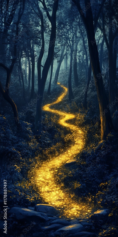 Poster a mesmerizing nighttime forest scene featuring a winding path illuminated by a soft golden glow. the
