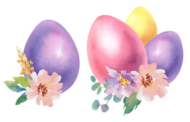 Easter eggs and delicate spring flowers and leaves. Hand-painted watercolor illustration. A set of Easter eggs in pastel colors. Template for greeting cards, covers, posters, invitations.