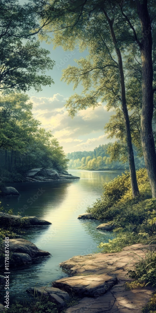 Poster tranquil river scene with lush trees and sunlight reflecting on the water, creating a serene and pea