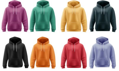 Set of black hoodie mockups with front, back, and side views on a transparent background