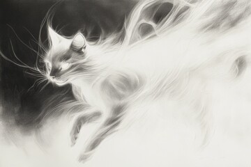 Fototapeta premium Cat is running through a white smoke. The smoke is white and it is blowing the cat