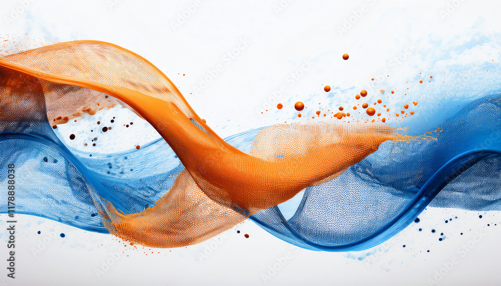 Poster abstract wave patterns in vibrant orange and blue, creating a dynamic visual effect with splashes an