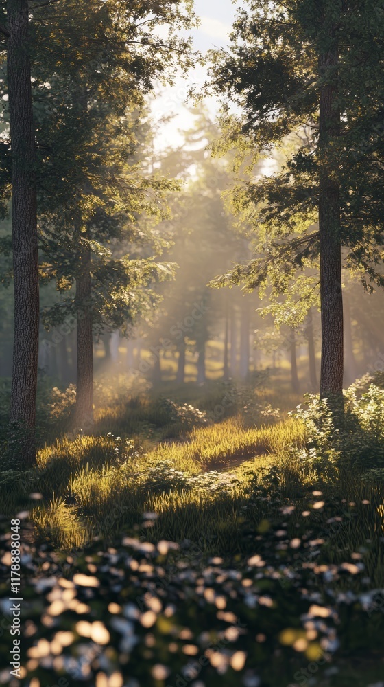 Poster sunlit forest path surrounded by lush greenery, creating a peaceful and tranquil atmosphere.