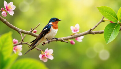 Obraz premium Swallow perched on a branch surrounded by lush cherry blossoms