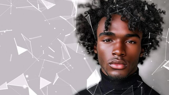 Looped background. Black male model thin aquiline nose long curly hair. Black man. Wow trends. Fashion. Elegant man. Fatal man. Looped effect. Looped particles. Looped animation. Generated AI.