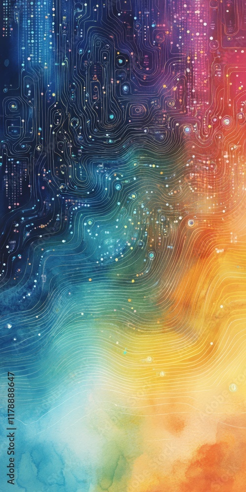 Poster this soft watercolor illustration beautifully blends vibrant colors with flowing data patterns, crea