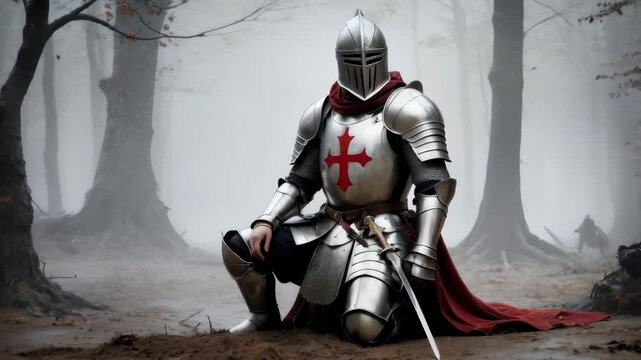 A cinematic battlefield scene with a knight in armor kneeling on the ground