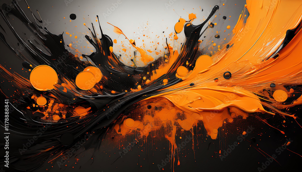 Poster a vibrant abstract painting featuring bold orange splashes on a black background, creating a dynamic