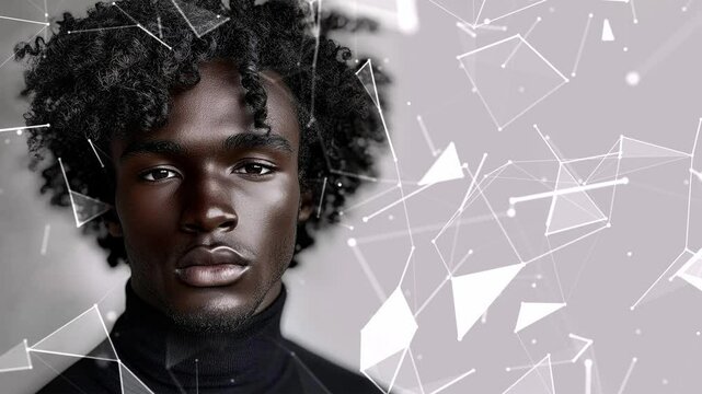 Looped background. Black male model thin aquiline nose long curly hair. Black man. Wow trends. Fashion. Elegant man. Fatal man. Looped effect. Looped particles. Looped animation. Generated AI.