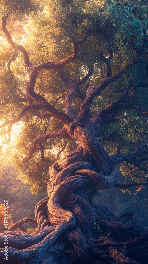 Aufkleber a captivating image of a large, ancient tree with twisted branches, bathed in warm sunlight, creatin