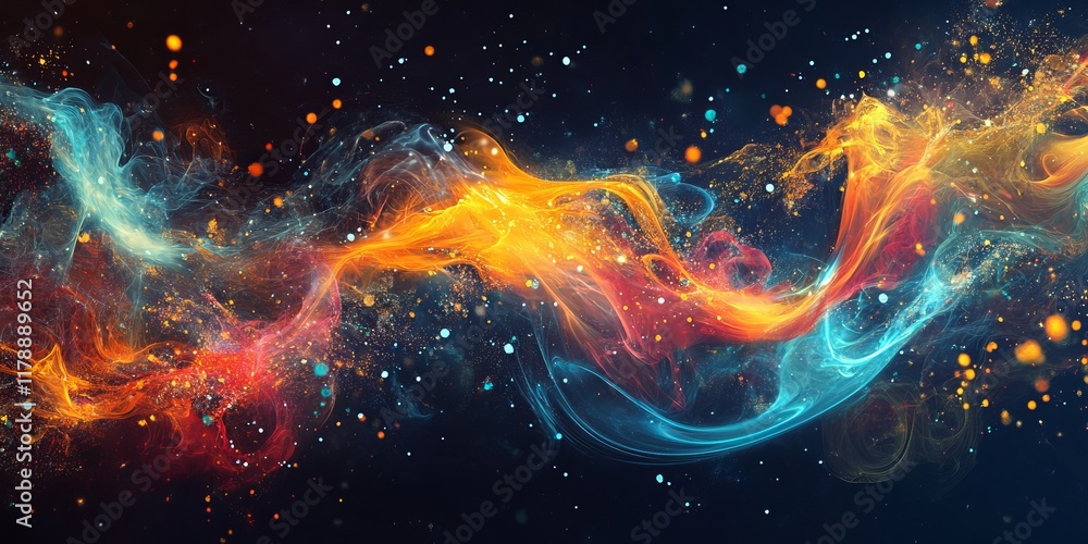Poster a colorful stream of light with orange and blue colors. there are many small dots in the background