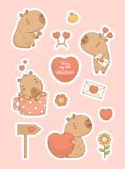Fototapeta premium Cute romantic Capybara Valentine stickers. Cartoon enamored animal in polka dot cup, with hearts and with love letter. Vector illustration. isolated Holiday kawaii character.