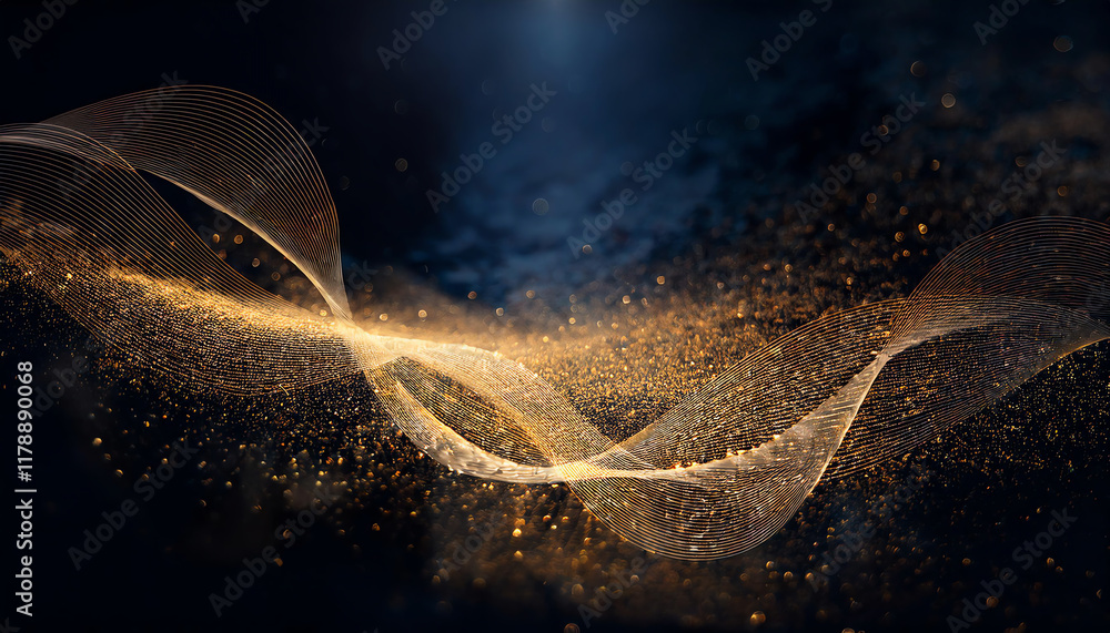 Poster a mesmerizing wave of golden particles flows through a dark backdrop, creating a sense of depth and 