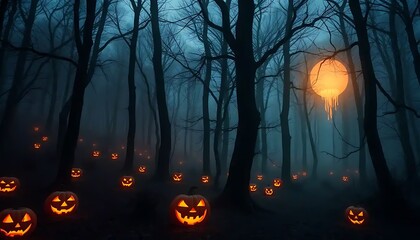 Spooky Halloween Pumpkins Illuminate A Foggy Forest Night