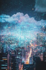 Fototapeta premium This image showcases an abstract cloud data visualization concept set in a modern urban environment, blending technology and city life.