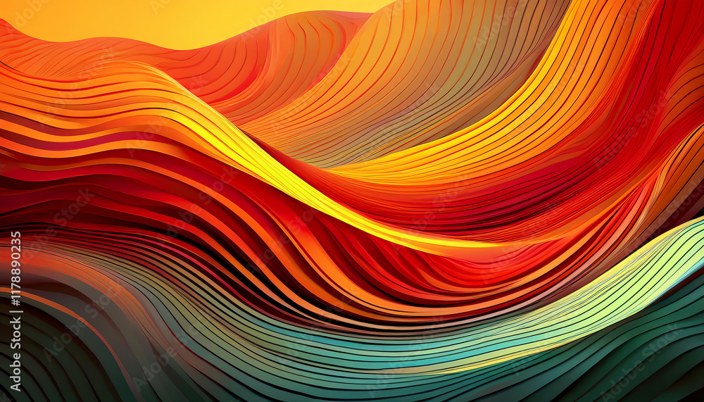 Poster vibrant waves of color in shades of red, orange, and teal, creating a dynamic and fluid abstract com