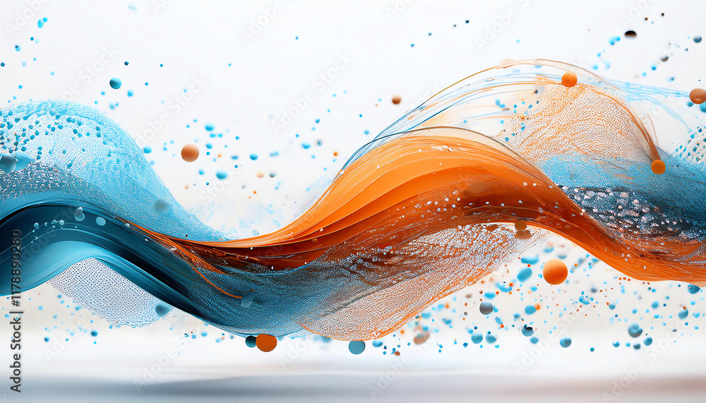 Poster a vibrant abstract design featuring flowing waves of blue and orange, enhanced with bubbles and spla