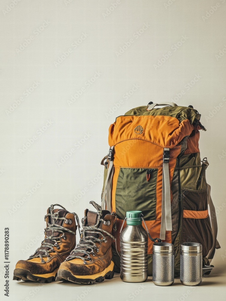 Aufkleber backpacker gear setup for outdoor adventures with space for text and branding options. generative ai