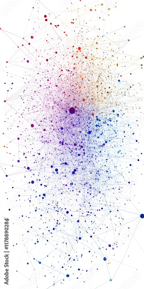 Poster this colorful abstract image features a complex data structure of dots and lines set against a white