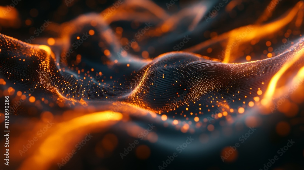 Poster abstract digital network graphic creating realistic volumetric effects with glowing particles and wa