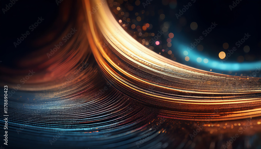 Poster a vibrant, abstract composition featuring flowing lines of light in warm tones against a dark backgr