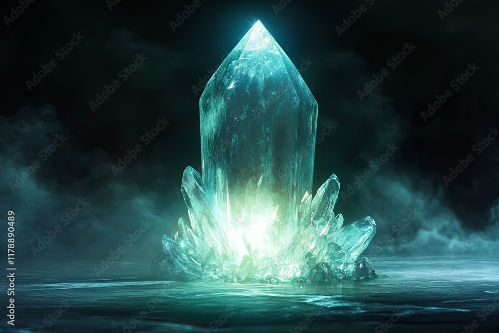 Poster a captivating image of a glowing crystal formation surrounded by mist, creating a mystical and encha