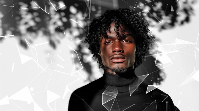 Looped background. Black male model thin aquiline nose long curly hair. Black man. Wow trends. Fashion. Elegant man. Fatal man. Looped effect. Looped particles. Looped animation. Generated AI.