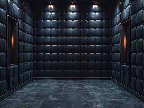 A dark black padded cell with soft cushioned walls, designed for isolation or therapy